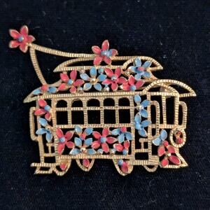 Vintage Signed Lisner Pink Blue Daisy Gold Tone Cable Car Brooch